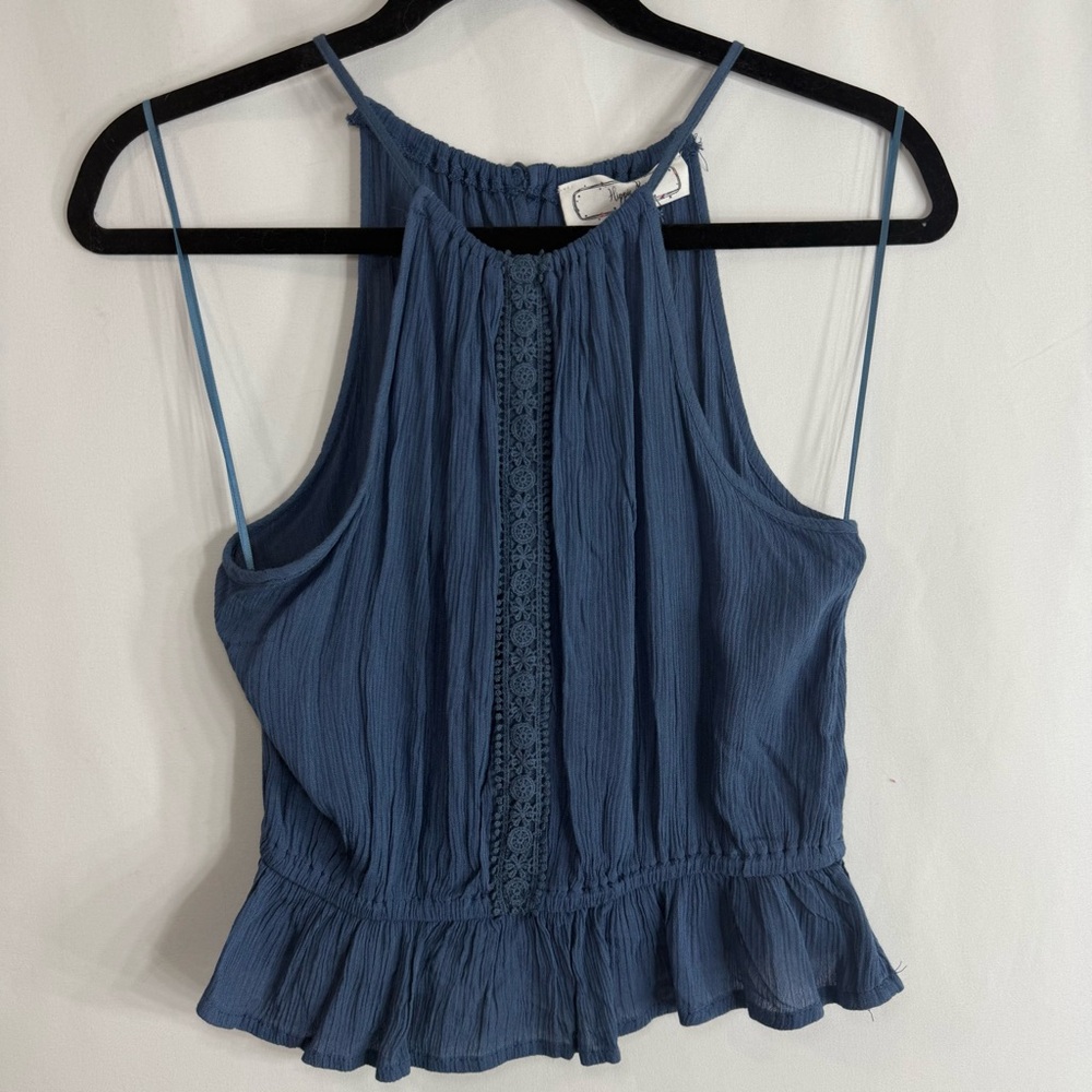 Hippie Rose Blue Lace Trim Peplum String High Neck Crop Tank Top NWoT, size M - Picture 2 of 8